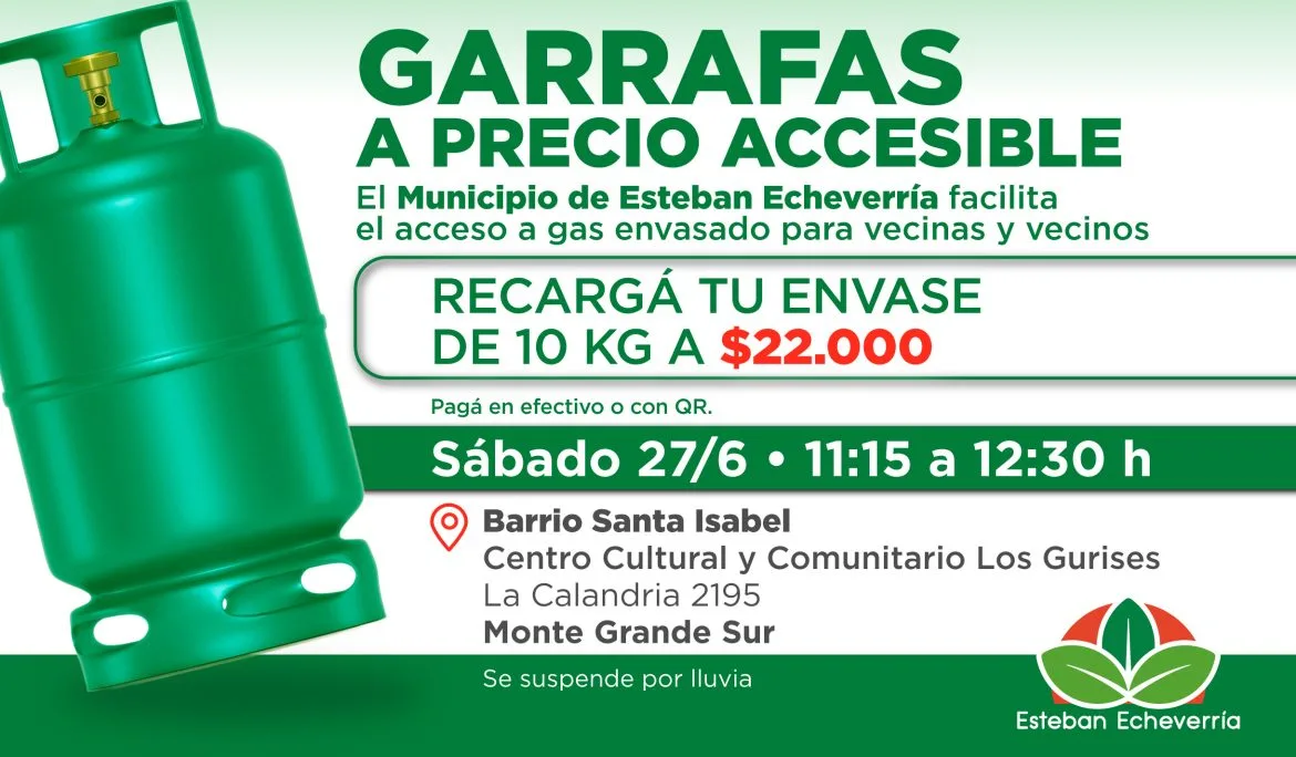 Recarga de garrafas a $22.000 en Monte Grande Sur este sábado